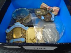 A small quantity of coins, sporting medallions and similar