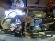 Two boxes of mixed metalware to include brass plaques, silver plate teapot, pewter tankards etc.