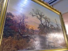 A framed oil painting titled 'Hunters in the Fall'