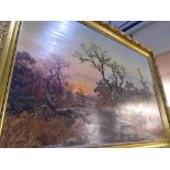 A framed oil painting titled 'Hunters in the Fall'