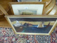 A 1970's style oil painting of boats, satirical prints and one other picture