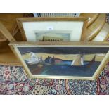 A 1970's style oil painting of boats, satirical prints and one other picture