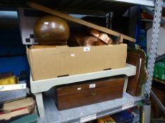 A box of treen, copper jelly moulds, etc