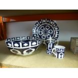 Dark blue and white porcelain items to include plates, cups, bowls, etc