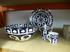 Dark blue and white porcelain items to include plates, cups, bowls, etc