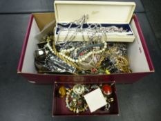 Box of costume jewellery including pocket watch, earrings, etc