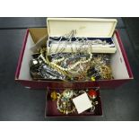 Box of costume jewellery including pocket watch, earrings, etc