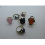 Collection of silver and other dress rings, including Amber, Jet examples