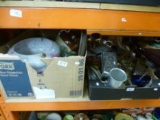 Two boxes of mixed metalware, glassware and earthenware