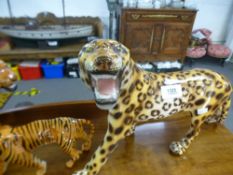 A Beswick Tiger, a similar smaller example and an Italian pottery Leopard by Favaro Cecchetto