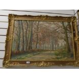 A. Nikolsky; an oil painting of lady and dog on tree lined path, signed and date d1953, 79 x 52cms