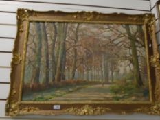 A. Nikolsky; an oil painting of lady and dog on tree lined path, signed and date d1953, 79 x 52cms