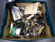 Box of mens wristwatches including Sekonda, Accurist, etc, old bank notes, etc