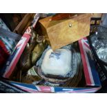 A box of Blue and white china, jewellery box with some contents etc