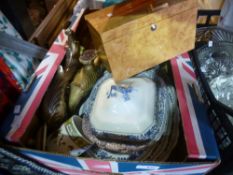 A box of Blue and white china, jewellery box with some contents etc