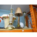 Two brass and glass lamps and 1 wooden lamp