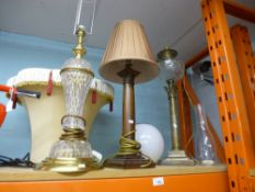 Two brass and glass lamps and 1 wooden lamp