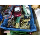 A box of vintage tooys to include a part box of meccano, tin car track, tin cars etc.
