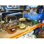 A box of mixed cutlery, glass lamp funnels and quantity of brass and copper items to include