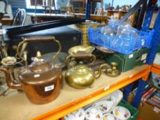 A box of mixed cutlery, glass lamp funnels and quantity of brass and copper items to include