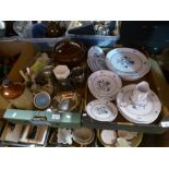 Two boxes of mixed china and metalware to include Noritake 'Progression'