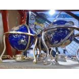 Three globes on stands made with various crystals and shell