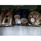 Two boxes of pottery and china to include Paragon and a box of small vintage dolls and costume