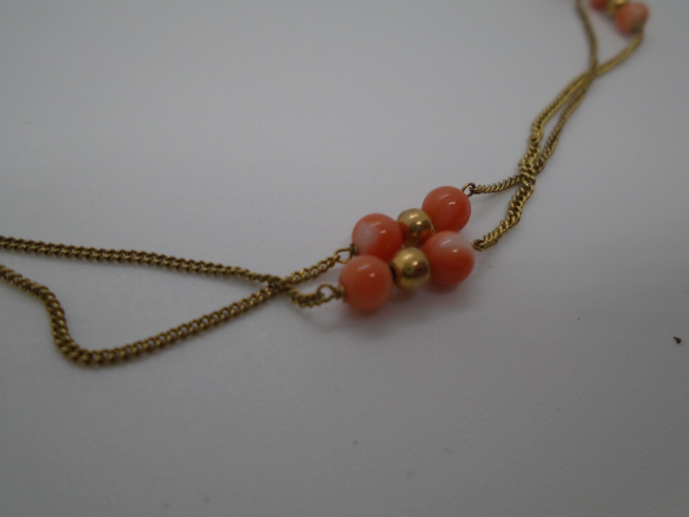 9 carat gold necklace stamped 375, with what appear to be coral beads, gross weight approx 5.6g - Image 2 of 3