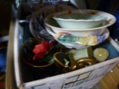 Three mixed boxes of metalware, china and collectables to include, candlestick, ice bucket, wood