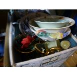 Three mixed boxes of metalware, china and collectables to include, candlestick, ice bucket, wood