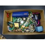 Box of costume jewellery including a silver cross and chain, earrings, bangles, etc