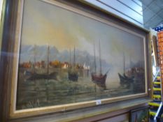 Four oil pictures, some framed showing various scenes to include a snowy town scene, boats in a