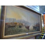Four oil pictures, some framed showing various scenes to include a snowy town scene, boats in a