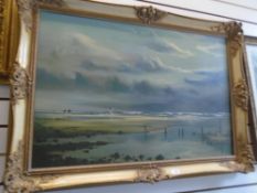 Large gilt framed oil painting by David Dipnell 1974, depicting a seascape 76cmx110cm