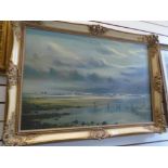 Large gilt framed oil painting by David Dipnell 1974, depicting a seascape 76cmx110cm