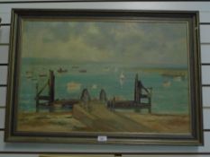 A Nilolsky; an oil painting of Hayling Island ferry, signed and dated 1965, 75 x 49.5 cms