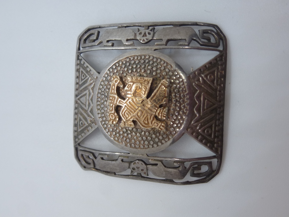 Peruvian silver square brooch with 18ct yellow gold panel, marked 925 and 18K, weight approx. 14g