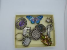 Scottish Silver brooch, Silver elephant brooch, enamelled Silver butterfly brooch, etc