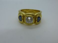 18ct yellow gold wedding band set with central square cut diamond, approx. 1 carat flanked with