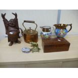 Sundry items to include a copper kettle, two china decorative jugs A/F, a happy wooden Buddha etc.