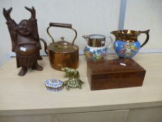 Sundry items to include a copper kettle, two china decorative jugs A/F, a happy wooden Buddha etc.