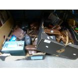 2 crates of vintage cameras etc to include Olympus, Praktica, Konica, Braun etc.