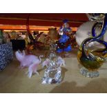 A selection of glass figures to include swans, stag, lady, pig, elephants, bear and hare