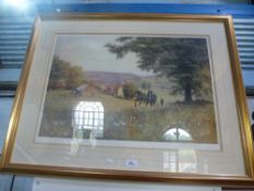 A framed and glazed print of a horse drawn plough in a wild flower meadow, no 254/500, signed W R