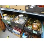 Two boxes of mixed china and pottery and a box of mixed treen and metalware