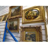Three Victorian oil paintings of wooded landscape, waterfall landscape and cottage, and one other