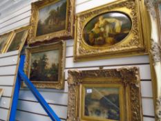 Three Victorian oil paintings of wooded landscape, waterfall landscape and cottage, and one other