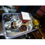 A carton of china, dressing table glass set and sundry