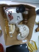 A small box of collectables, to include a carved shell, silver mirror, etc