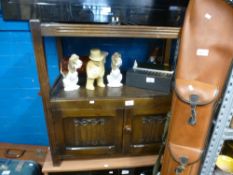 Dark oak two tier shelf with cupboard and modern chest of drawers